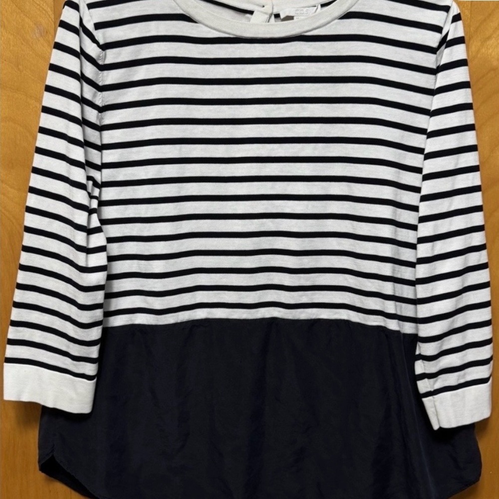 COS Navy Blue White Stripped Coastal Cotton Silk Button-Back Top S - Picture 6 of 6